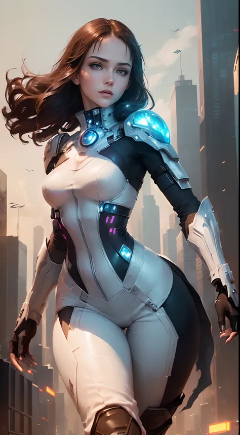 ((woman with perfect face & friendly expression & white cyberpunk dress & full armor with pants & ultra-detailed hazel eyes & ta...