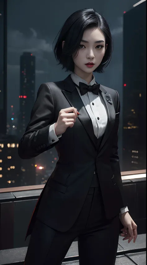 (A beautiful 25 years old Asian female vampire:1.4), (short black hair:1.2), (pale skin), (detailed skin:1.4), (serious face), (wearing black tuxedo:1.4), (waist up shot:1.2), view from front, (dynamic action pose:1.2), (chiaroscuro lighting:0.8), (buildin...