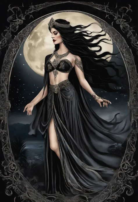 hecate goddess, rainha da magia e do poder, controls shadows and illusion. mulher poderosa, of flowing black robes, cabelos pretos imensamente longos, olhos pretos. poderosa. In the background the night with the full moon and dark mystical beings.