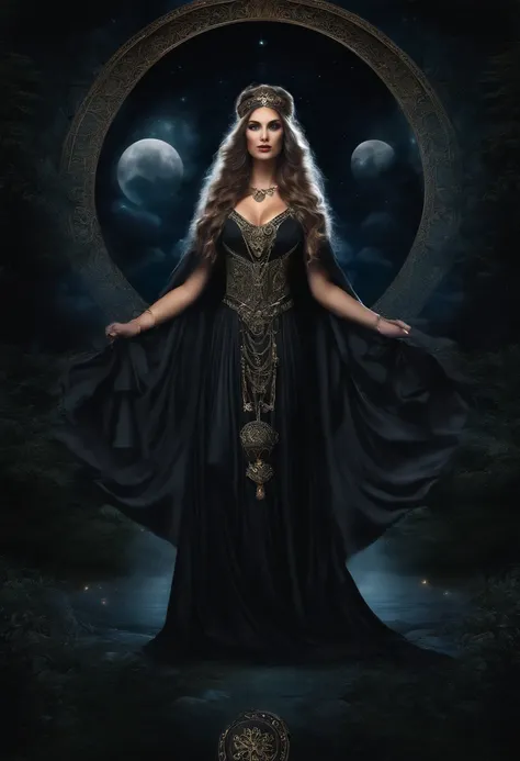 hecate goddess, rainha da magia e do poder, controls shadows and illusion. mulher poderosa, of flowing black robes, cabelos pretos imensamente longos, olhos pretos. poderosa. In the background the night with the full moon and dark mystical beings.