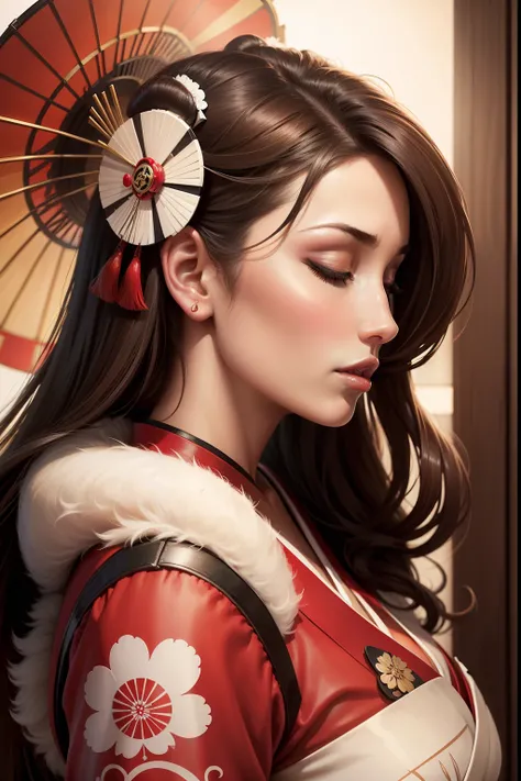 lucy pinder, portrait, mouth wide open, eyes closed, profile, geisha