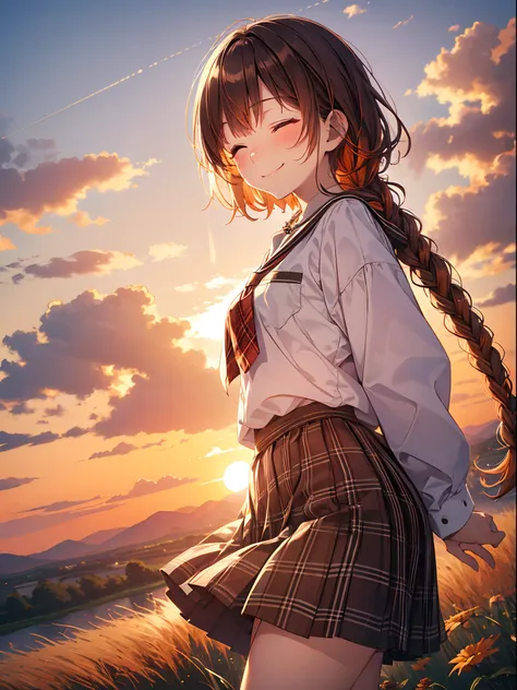 Top Quality, Best Masterpiece, 1 Woman, Solo, 20 Years Old, Low Angle, (One Eye Closed: 1.4), Happy Smile, Close Your Mouth, Brown Single Braid, White School Uniform, Black Socks, Plaid Skirt, Blushing, Red Eye, Evening, Lots of Countryside, Big Sunset, Or...