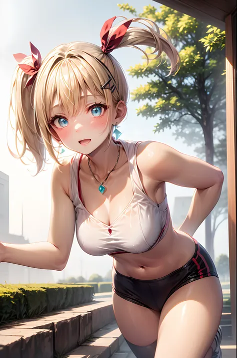 absurderes, ultra-detailliert,bright colour, extremely beautiful detailed anime face and eyes,(Running:1.5)、 Colossal tits,shiny_skin,25 years old, Short hair, , asymmetrical bangs, Blonde hair with short twin tails, Shiny hair, Delicate beautiful face, re...