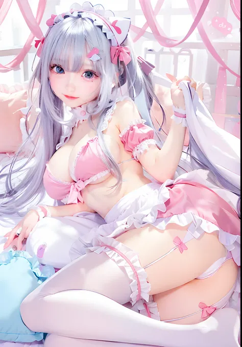 anime girl in a pink dress laying on a bed, small curvy loli, loli in dress, anime barbie in white stockings, soft anime illustration, anime girl in a maid costume, seductive anime girl, splash art anime loli, anime goddess, a sexy maid in a magical forest...