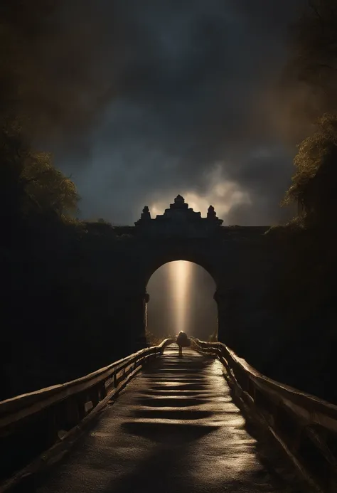 Scene: An old stone bridge stretching over a deep chasm. Half of the bridge is shrouded in darkness and storm, representing "despair", while the other half is lit with a golden glow and has peaceful clouds, representing "hope".

Characters:

Despair: A per...