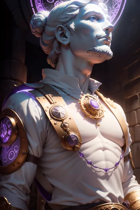 Create an inspiring 8K steampunk image depicting a 3rd century Greek philosopher.C., immortalized as a white and violet marble statue. Fundo branco, illuminated by epic violet lights and shadows. The resulting image should exude the aura of deep contemplat...