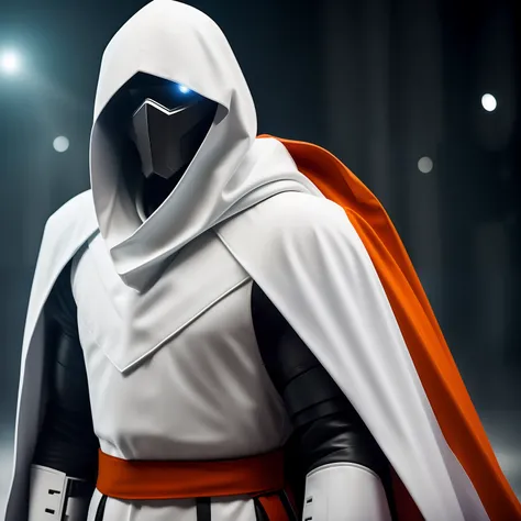 A Soldier Science Fiction, with a white cape with a white hood and a mask with bright orange eyes, com seu corpo emanando, scientific fiction, no campo de batalha