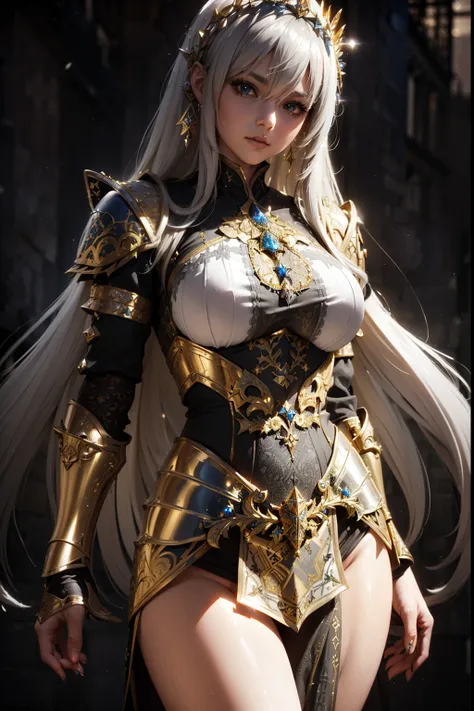 (masterpiece), best quality, detailed long white hair, (((wearing a realistic and detailed golden and gray medieval armor, aethereal fantasy aesthetic style))) detailed perfect skin, intricate perfect beauty face, detailed sharp eyes, detailed eyes and pup...