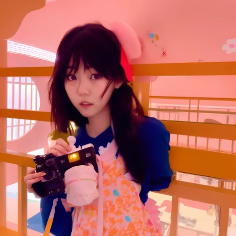 there is a woman taking a picture of herself with a camera, ulzzang, low quality photograph, 8k selfie photograph, anime style mixed with fujifilm, shikamimi, very very low quality picture, lofi girl, low quality photo, xintong chen, camera looking up at h...