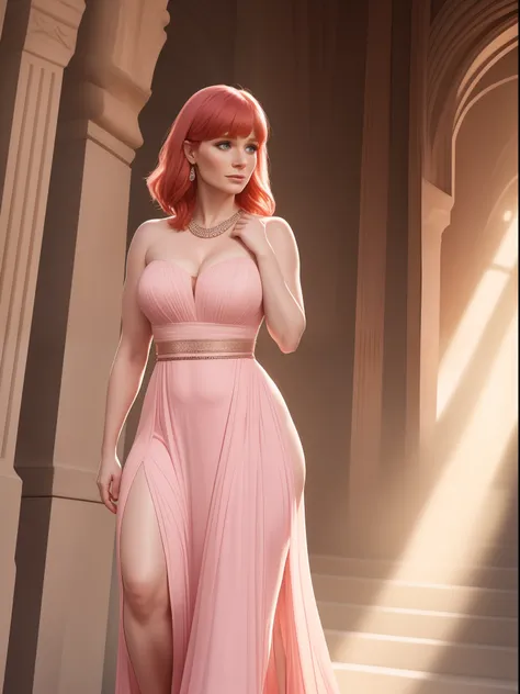 Bryce Dallas Howard in a pink slit strapless long dress, Stage Theater background, lovely face looking at camera, elegant curvy body, full body perspective