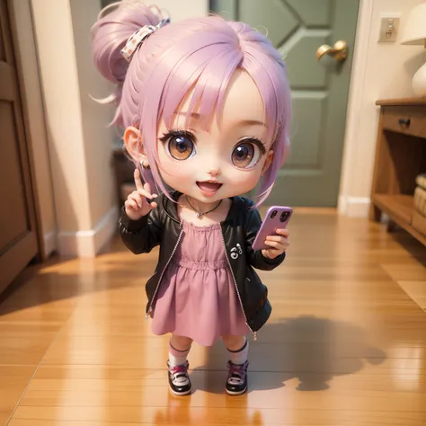 Cute Baby Chibi Anime、(((Chibi 3D))) (Best Quality) (masutepiece)、Purple ponytail、Holding the phone to the left ear、Open your mouth and smile、Standing、in a house、Chibi Living