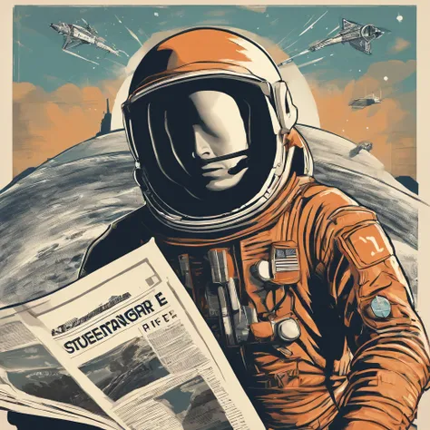 Newspaper cover with man astronaut giving press interview at rocket launch, local com pessoas, Reporter, helicopter, grande foguete decolando ao fundo, Astronaut with rocket in the background in a launch interview