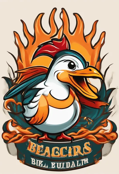 Logotipo en forma de patito caricaturesco escupiendo fuego y jugando beisbol