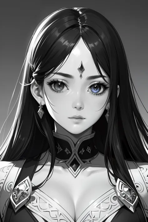 ​masterpiece、top-quality、hight resolution、High-quality images、8K.２femele、Monochrome grayscale、skin gloss、Texture of skin and clothing、the detail、Detailed eye expression、Lustrous hair、Black Long Hair、Female Warrior、huge sword