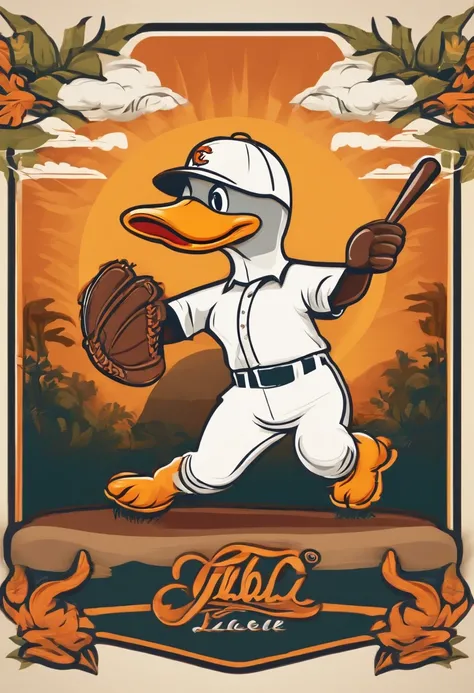 Logotipo en forma de patito caricaturesco escupiendo fuego y jugando beisbol