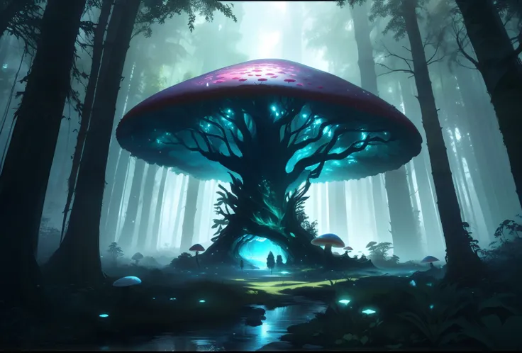 There is a large mushroom in the middle of a forest, Unreal Engine Arte de fantasia, ambiente florestal de fantasia, mystical forest lagoon, Papel de parede de arte conceitual 4K, Arte conceitual de uma floresta escura, strange alien forest, 8K resolution ...