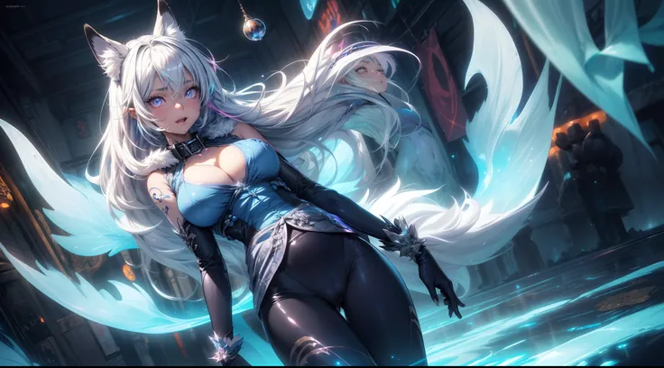 spiritual blue fire fluffy fox girl, (fluffy fox ears, fluffy fox tail), (spirit, spiritual:1.4), (blue fire:1.5), 1girl, perfect and well designed glowing shiny eyes, (beautiful detailed eyes:1.05), natural breasts, slim body, beautiful and delicate cute ...