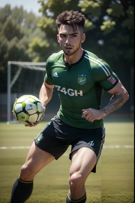 (best quality,4k,highres,masterpiece:1.2),a man playing football,green shirt,ultra-detailed,realistic,professional,studio lighting,vivid colors,soccer field,bokeh,lush green grass,confident pose,strong kicks,intense game,tempo,game-winning goal.