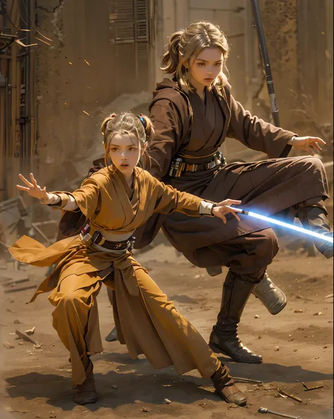 a detailed jedi in attack pose, with a female padawan, (hourglass body), (anakin skywalker), ahsoka tano, training, teacher, mas...