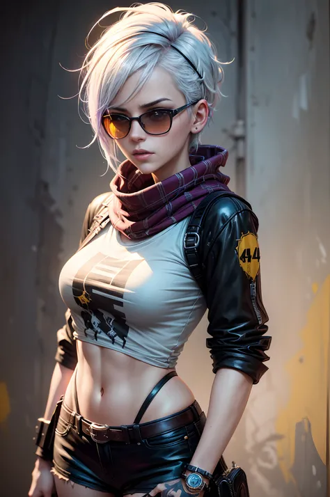 portrait of a punk lady student, see through tshirt, sunglasses, tartan scarf, white hair, by atey ghailan, by greg rutkowski, by greg tocchini, by james gilleard, by joe fenton, by kaethe butcher, gradient yellow, black, brown and magenta color scheme, gr...