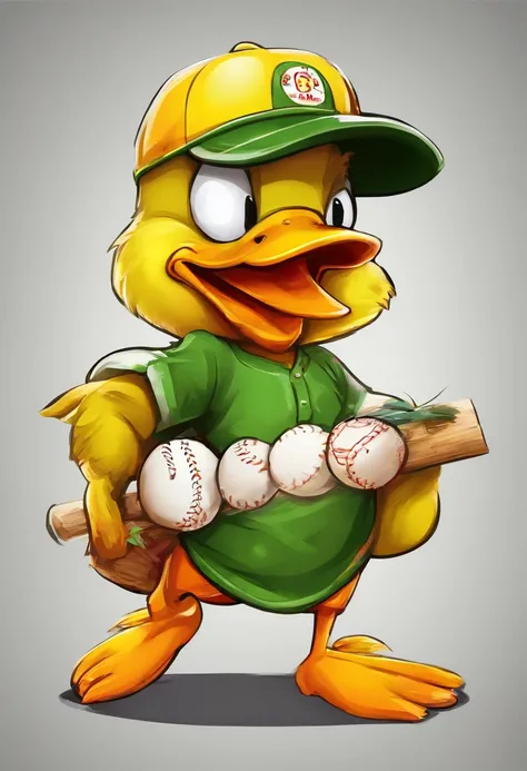 Logotipo en forma de patito caricaturesco escupiendo fuego y jugando beisbol, predominant lemon green.