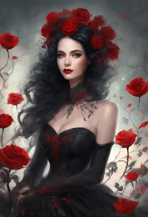 Woman with black hair and red lips posing for a photo, um retrato de Ivana Kobilca, Tumblr, gothic art, cabelo e maquiagem escuros, cabelo escuro maravilhoso, beleza escura, escuro e intrincado, vestido com renda preta, very beautiful goth top model, she i...