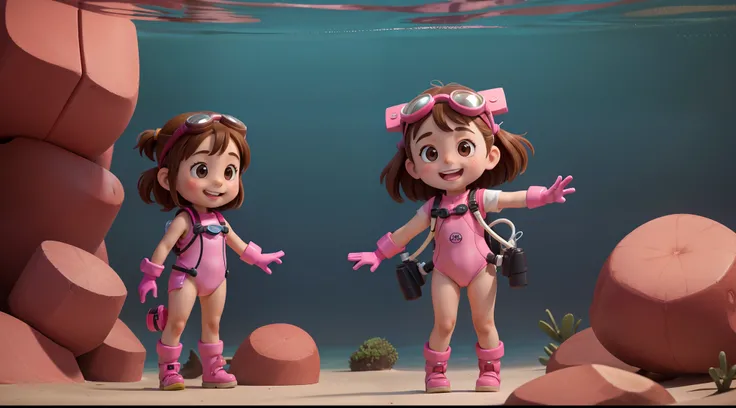 "Frontal image of a 5-year-old girl, standing, happy, with brown hair, brown eyes, rosy cheeks, arms spread out, legs apart, clean background, diving goggles, pink diving suit, diving gloves, diving shoes.