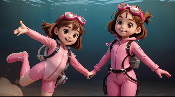 "Frontal image of a 5-year-old girl, standing, happy, with brown hair, brown eyes, rosy cheeks, arms spread out, legs apart, clean background, diving goggles, pink diving suit, diving gloves, diving shoes.