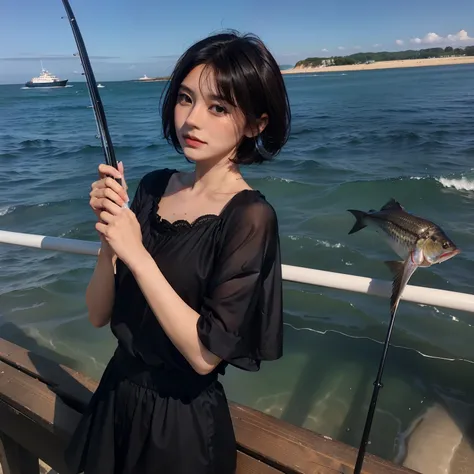 masutepiece,top-quality,Black Brown Hairberry Short Bob,femele,Fishing in the sea,