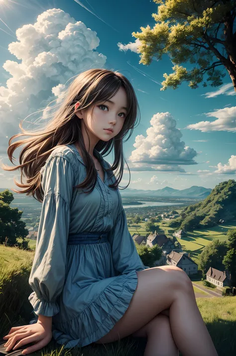 A anime, 1girl sitting on the hill looking at sky, with her hair blowing in clear day, with cat, (blue sky:1.25), sideway glance, young girl, cloud, endless sea, noon, summer, floating hair, cumulus clouds, forest, tree, face focus, cute, (best quality,hig...