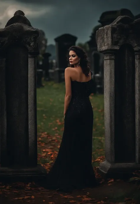 rainha necromante mulher pele branca cabelos lisos pretos, olhar marcante, vestido longo preto, detalhes preto, caveira no ombro. cemetery background