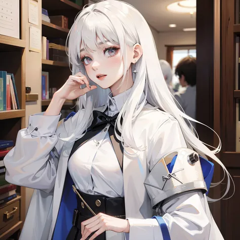 Tall beautiful woman with white hair in a school