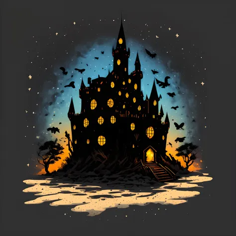 risograph of a castle on a (dark black background:1.4 ) and the ground is full, with small stars all over it by edward hopper 8 ...