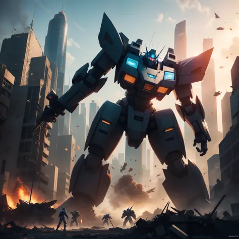 Create an illustration inspired by a recent mecha anime. Showcase a colossal robot in the midst of an epic battle with cityscape destruction in the background.