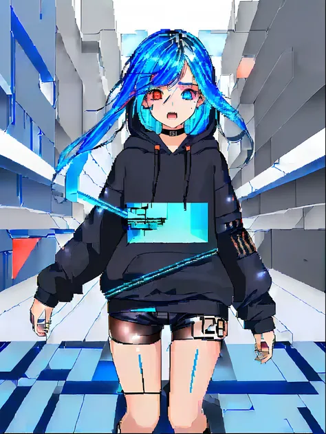 (One girl, About 10 years old, Straight in front, Blue hair, Long hair, Futuristic clothes, Black hoodie, Black shorts:1.2), (Heterochromic, Blue Eye, Red Eye:1.4), (widely opened eyes, Only slightly open mouth crying:1.3), (chaos:1.2), (Broken background)...