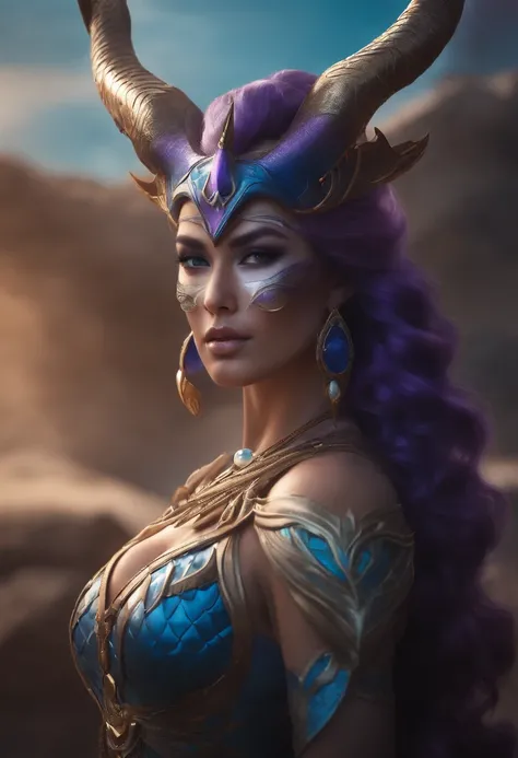 Alafed woman with horns and blue and purple mask, concept art by Yang J, cg society contest winner, Fantasy Art, mystical atlantean valkyrie, queen of the sea mu yanling, Fantasyart, Portrait of a mermaid warrior, artgerm detailed, goddess of the sea, ArtG...