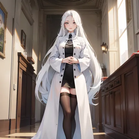 Tall beautiful woman with white hair in a school