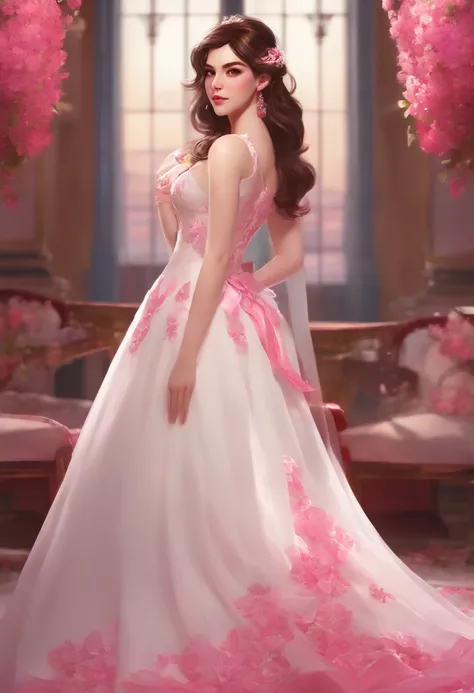 D.Va from Overwatch wearing a long wedding dress with some pink note on