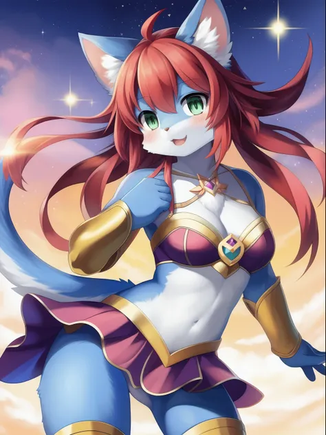 masterpiece, 1girl, Furry, kemono, furry cat, anthropomorphic, female, blue fur, blue skin, green eyes, magical girl theme, red hair, revealing clothes, magical girl outfit, magical girl dress, sexy pose, uploaded on e621,