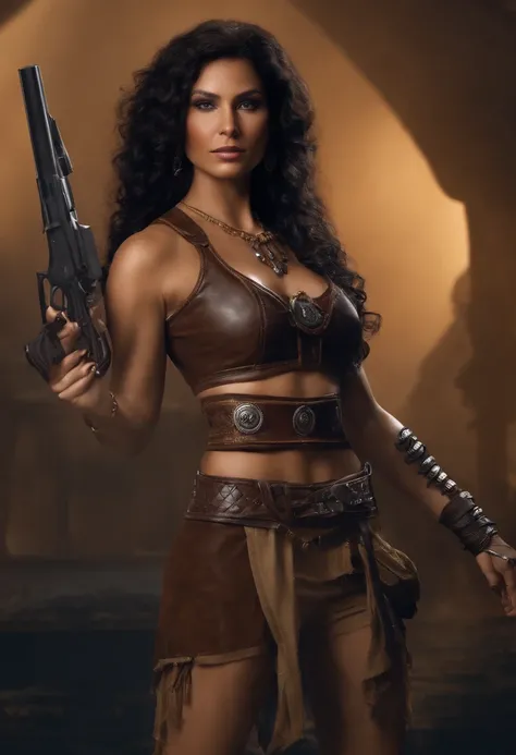 High-quality ultra-realistic image of a woman.  The woman is a mixture of Native American and Jewish.  Strong features, peau claire.  Dark brown curly hair, dark eyes.  The woman is dressed in a semi-futuristic combat outfit.  She has guns and knives tied ...