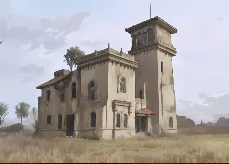 there is a large abandoned building with a tower on top of it, an old abandoned castle mansion