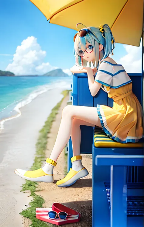 Pola, 1girl, yellow dress, blue hair, white socks, glasses on the head, aviator glasses, beach, looking back, shaving ice