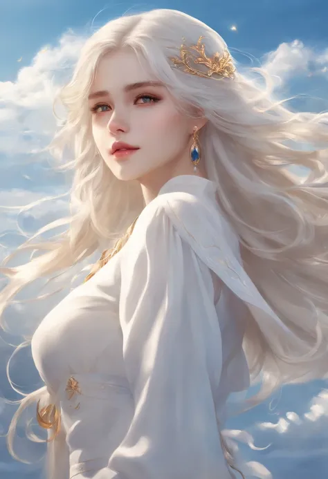 high quality, very detailed, clear image, profile anime girl, with long white hair, hair in the wind, golden eyes, shiny earrings, white dress, close to the body, blue sky, with moving clouds