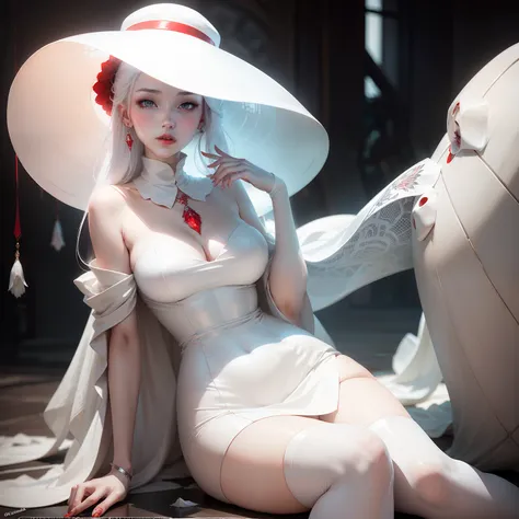 arafed woman in a white hat and dress with a red lip, pale porcelain white skin, guweiz, guweiz masterpiece, artwork in the style of guweiz, soft portrait shot 8 k, pale young ghost girl, porcelain white skin, by Russell Dongjun Lu, pale milky white porcel...