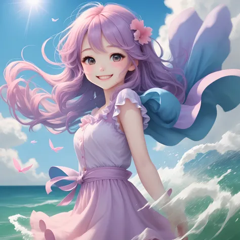 Illustration of a girls face、cute smile face、hair is light blue and pink,、Hair fluttering in strong winds、Splashes are flying、Contre-Jour、Girl and background in pastel colors with vivid pale tones、