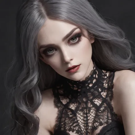 1girl, symbolic gothic web clothing, wire barb body, dark brown hair, gray hair, (best quality, highres, photorealistic:1.37), detailed eyes and face, long eyelashes, vivid colors, dark lighting, eerie atmosphere, monochrome tones