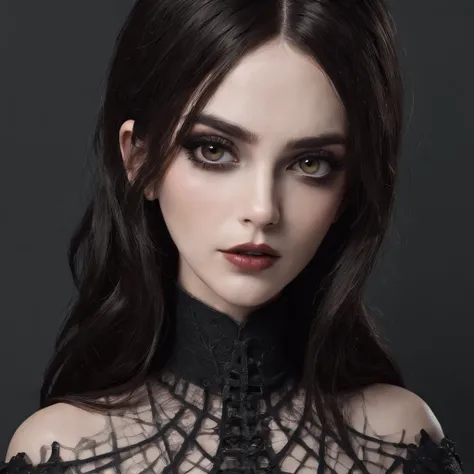 1girl, symbolic gothic web clothing, wire barb body, dark brown hair, gray hair, (best quality, highres, photorealistic:1.37), detailed eyes and face, long eyelashes, vivid colors, dark lighting, eerie atmosphere, monochrome tones