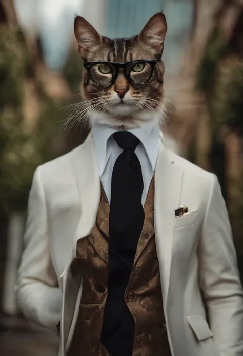 Cat, stylish, fashionable, formal suit, black glasses, fashion show, catwalk, (masterpiece:1.3), highly detailed