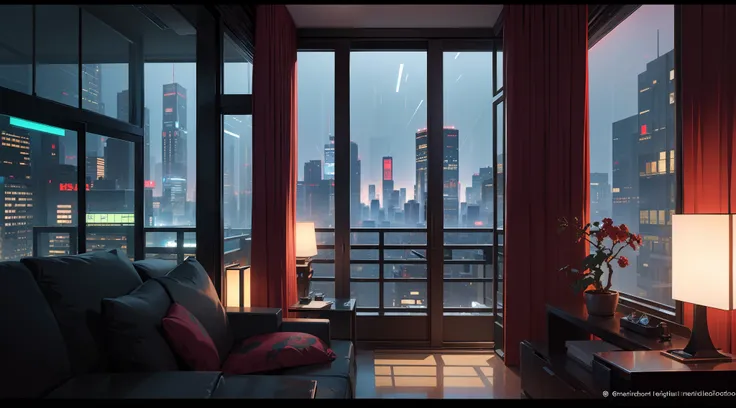 (((high detail))), best quality, cyberpunk penthouse, pent house, room, glass window, table on the foreground, vtuber background, bonsai plant on the table, red and white neon lights, night, midnight, raining night, city lights