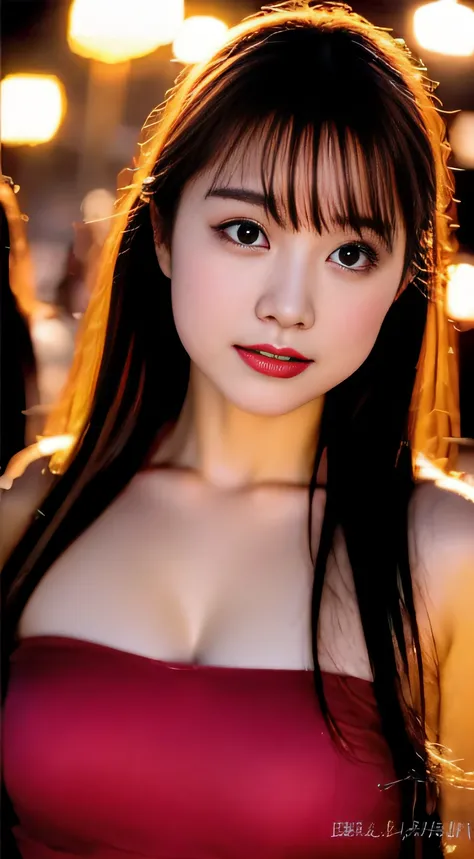 top-quality。８K-Picture。Ultra-high pixel。The background is the city at night。girl with。hair is long and slightly wavy,,,,,,,,,,,,,,,,,,,,,,,,,,,,,,,,,,,,,,,,,,,,,,,,,,,,,,,,,,,,,,。The color is dark brown。Glamour style、((huge-breasted：1.8))。wearing red dress...